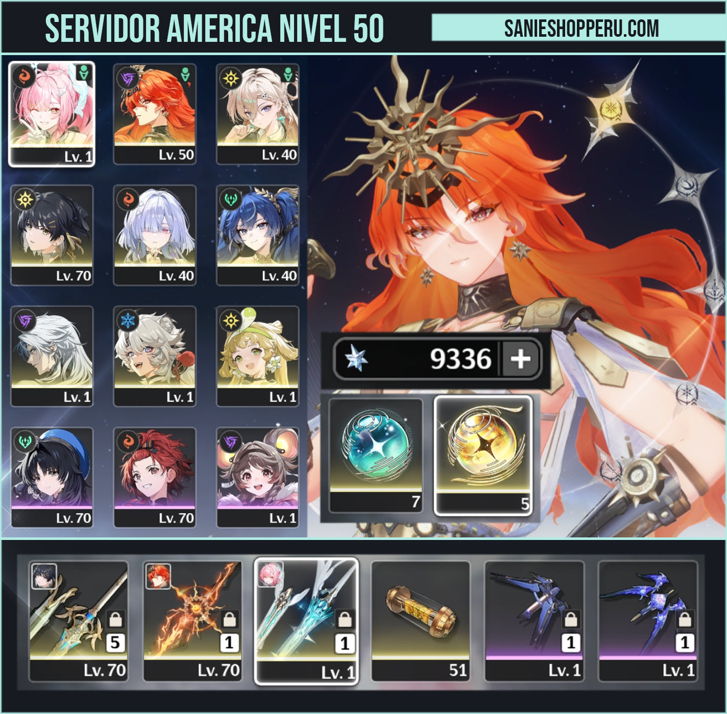 [Nivel 50] 9336 Astritas 💎+ Aemeath + Arma + Augusta R1 + Arma + Mornye + Lynae + Iuno