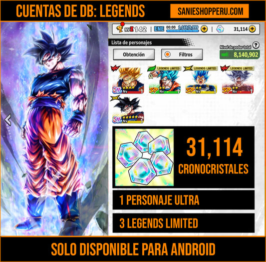[Android] 31,1141  Cronocristales 💎|  ⭐️ Pre-ultrainstinto Goku [ULTRA] | ⭐️ 3 Legends Limited | Dragon Ball: Legends Cuenta Reroll