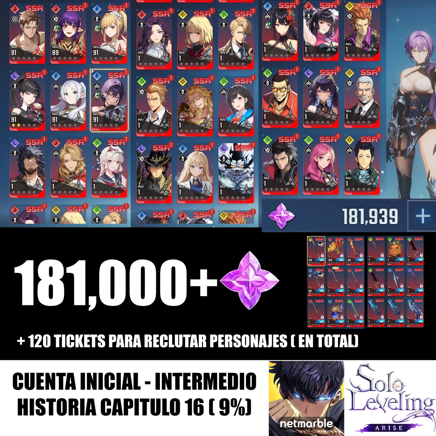 [Global] 181,000 Piedras esenciales 💎 +29 SSR + 20 ARMAS| Solo Leveling:ARISE CUENTA INICIAL - INTERMEDIO