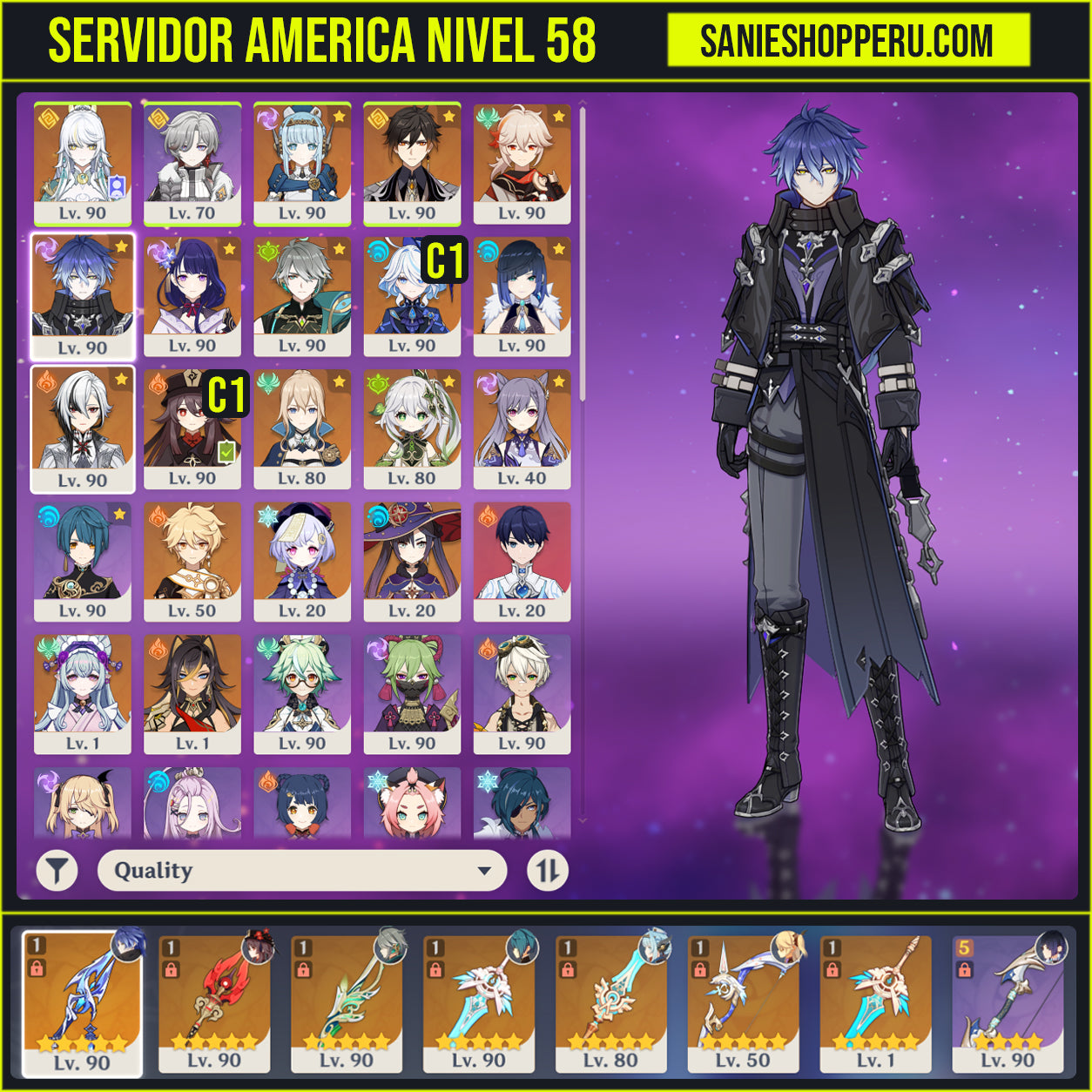 [Nivel 58] ⭐️ Zibai + Zhong Li + Kazuha + Flins (+ Arma) + Raiden Shogun + Alhaitham (+Arma) + Furina C1 + Yelan + Arlecchino + Hu Tao C1 (+Arma) + Nahida