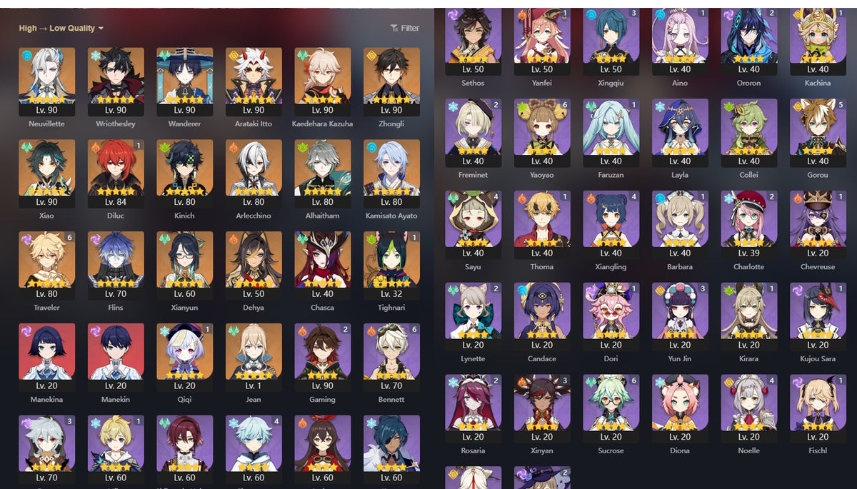 NA AR57| Flins + Neuvillette + Wriothesley + Alhaitham + Zhongli + Arlecchino + Kinich + Kamisato Ayato + Chasca + Arataki Itto + Kazuha + Xianyun + Xiao + Wanderer + Diluc ( SKIN ) C1+ Dehya + Qiqi C1 + Tighnari C1 + Jean