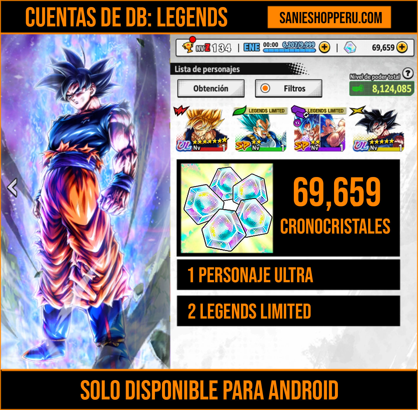 [Android] 69,659 Cronocristales 💎|  ⭐️ Pre-ultrainstinto Goku [ULTRA] | ⭐️ 2 Legends Limited | Dragon Ball: Legends Cuenta Reroll