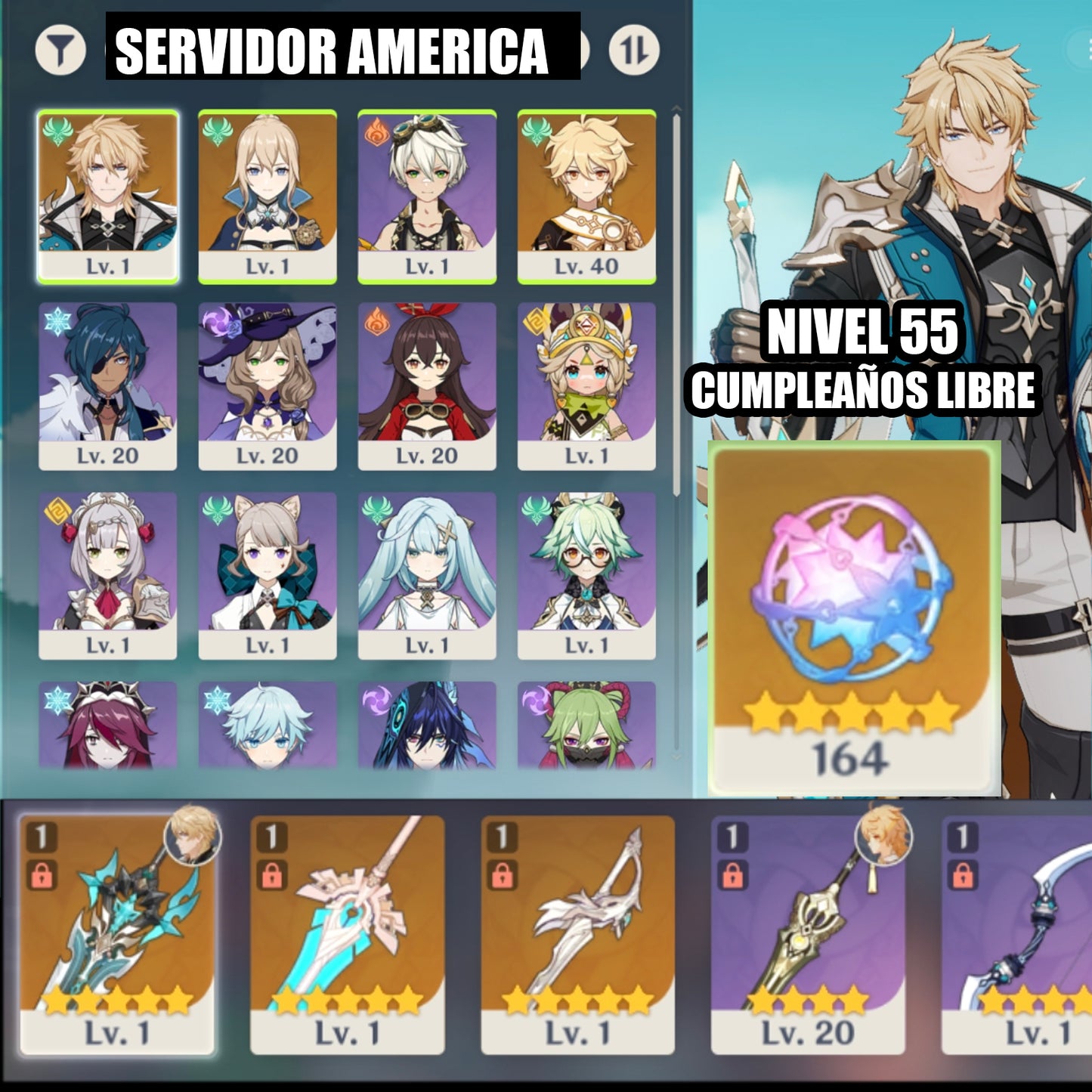 (REROLL + CUMPLEAÑOS LIBRE) Nivel 55 + Varka +Arma ✨+  164 Destinos Entrelazados ✨