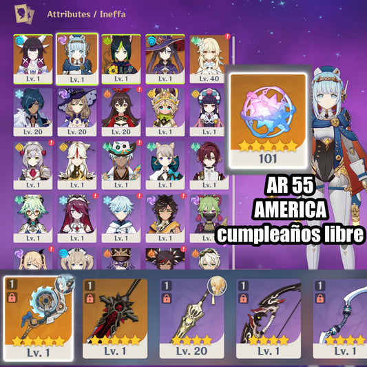 (REROLL + CUMPLEAÑOS LIBRE) Nivel 55 + Ineffa + Arma, Columbina + 101 Destinos Entrelazados ✨