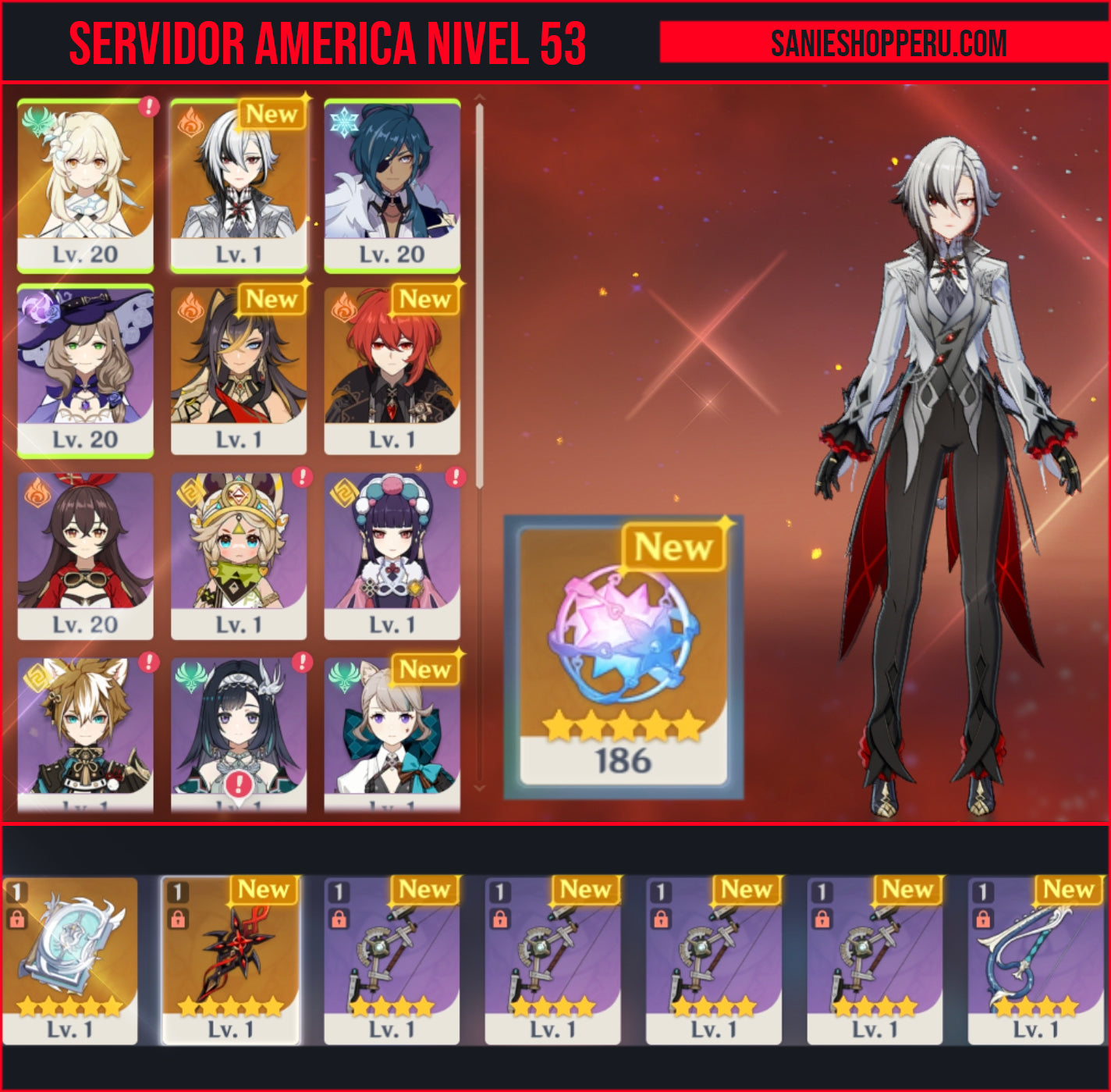 [Nivel 53] 186 Deseos 💎 |  Arlecchino + Arma #2 | Genshin Impact Cuenta Reroll