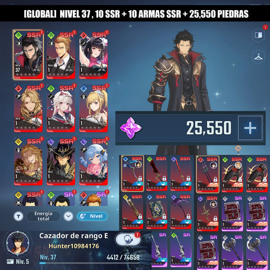 [Global] Nivel 37| +25,550 Piedras esenciales 💎 +10 SSR ⭐️| Goto Ryuji , Cha Hae-In , Thomas Andre , Tawata Kanae , Gina , Charlotte , Amamiya Mirei , Woo Jinchul , Min Byung-Gu , Lim Tae-Gyu |  10 Armas SSR