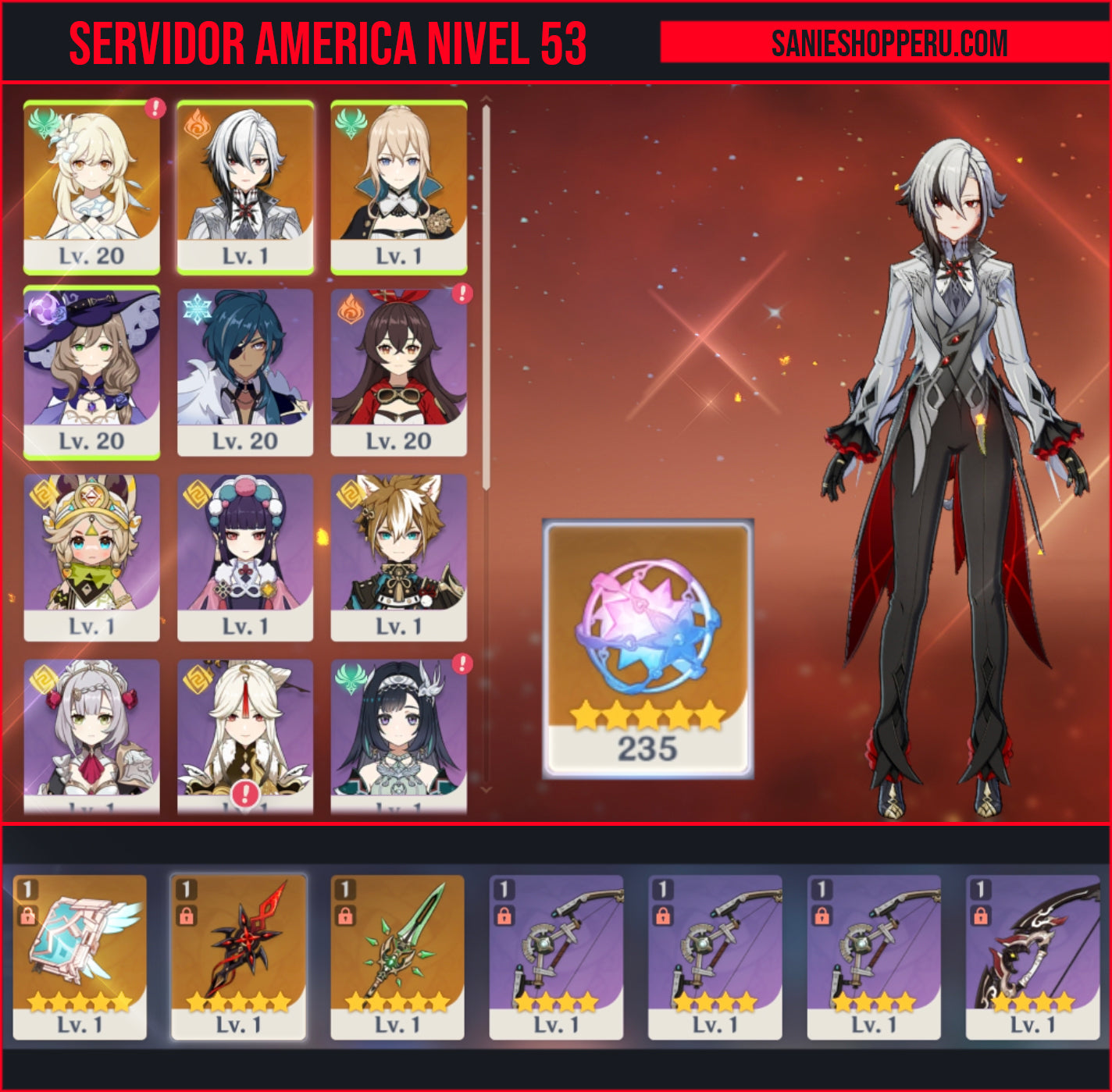 [Nivel 53] 235 Deseos 💎 |  Arlecchino + Arma #1 | Genshin Impact Cuenta Reroll