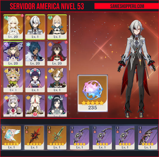 [Nivel 53] 235 Deseos 💎 |  Arlecchino + Arma #1 | Genshin Impact Cuenta Reroll