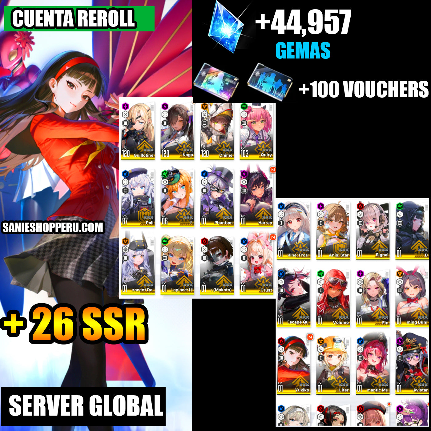 [GLOBAL] +44,957 GEMAS + 100 Vouchers💎Yukiko + Maxwell: Ordinary Mechanic + Laplace: Ultimate Hero + Queen (Makoto) + Anis: Star + 23 SSR |GODDESS OF VICTORY: NIKKE cuenta reroll