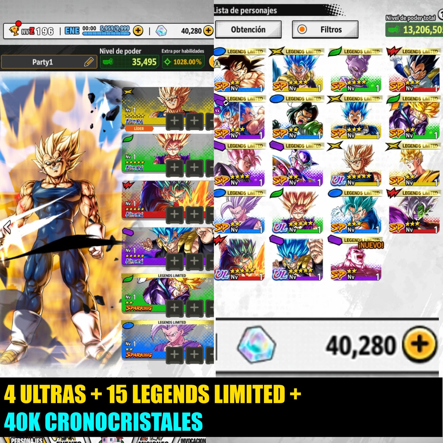 [Android] ⭐️ 40,000 Cronocristales 💎, Majin VEGETA [ULTRA], Supersaiyajin dios SS Vegetto [ULTRA], Supersaiyajin 2 Gohan chico [ULTRA],  Supersaiyajin dios SS Gogeta [ULTRA]+ 15 Legends Limited  | DRAGON BALL LEGENDS cuenta reroll