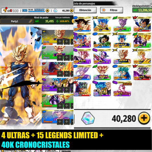 [Android] ⭐️ 40,000 Cronocristales 💎, Majin VEGETA [ULTRA], Supersaiyajin dios SS Vegetto [ULTRA], Supersaiyajin 2 Gohan chico [ULTRA],  Supersaiyajin dios SS Gogeta [ULTRA]+ 15 Legends Limited  | DRAGON BALL LEGENDS cuenta reroll