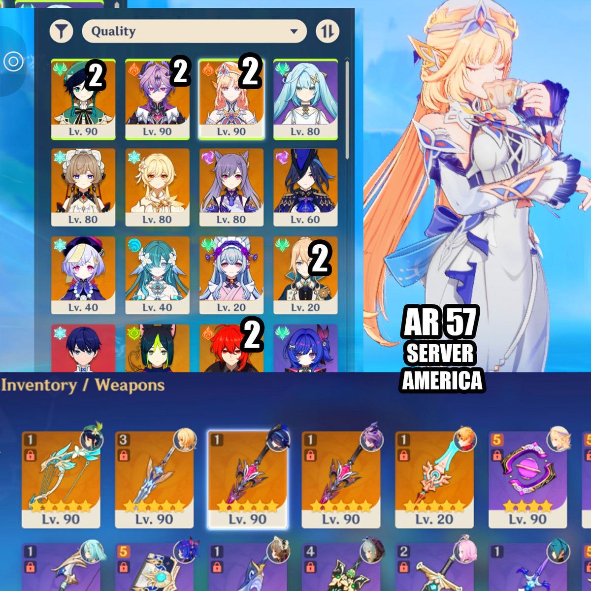NA AR57| Nicole C2 + Durin C2 + Athame Artis x2 . Venti C2 + The Daybreak Chronicles , Sandrone + Vodyanitsa + Clorinde + Mizuki + Diluc + Keqing + Jean + Tighnari + Qiqi