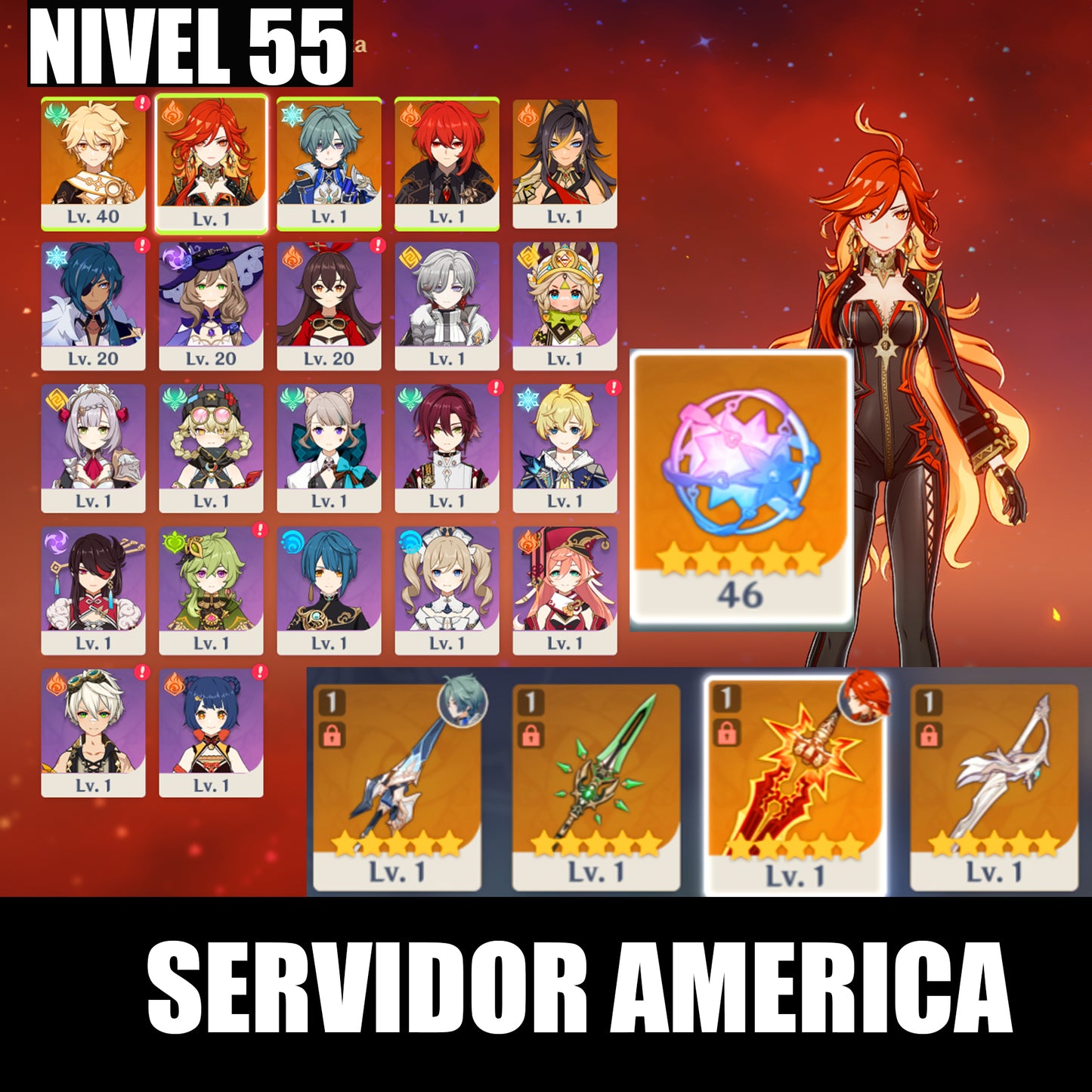 [Nivel 55] ⭐️46 Deseos + Mavuika + Arma , Lohen + Arma + Diluc⭐️CUMPLEAÑOS LIBRE