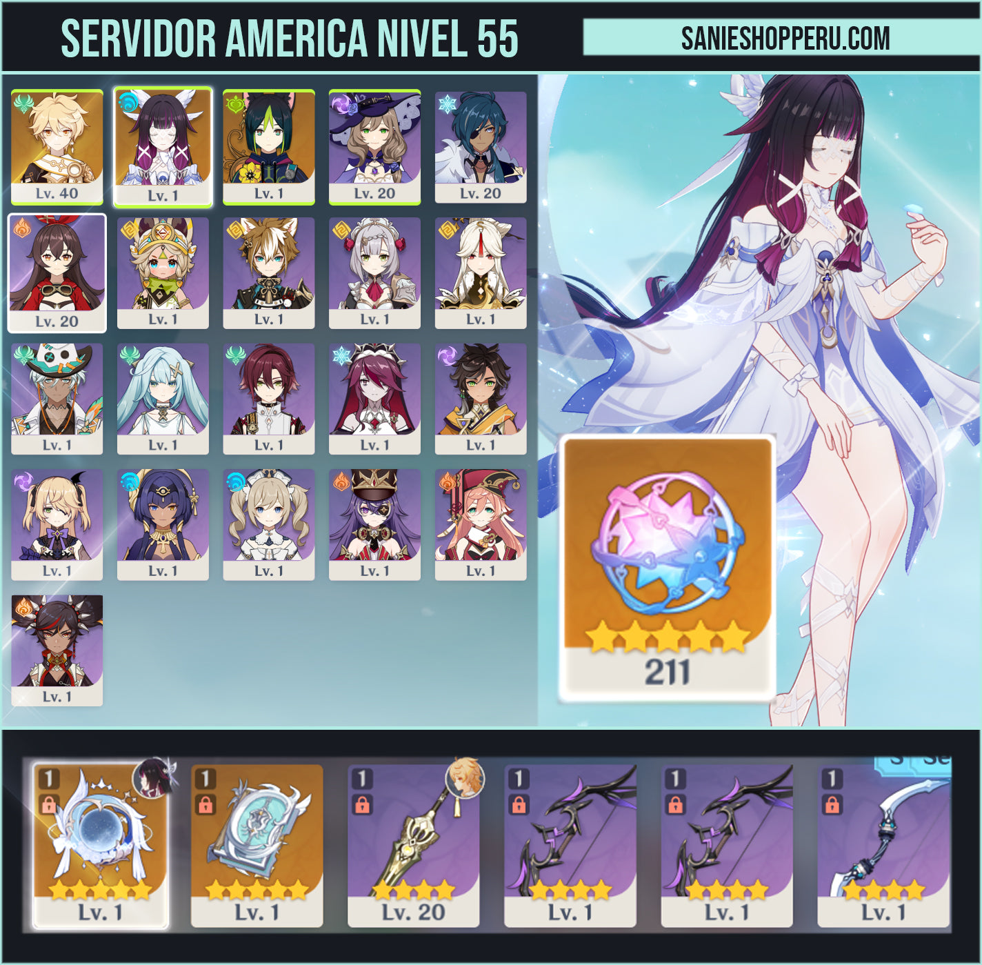 [America] Nivel 55 ⭐️ Columbina + Arma + 211 Deseos