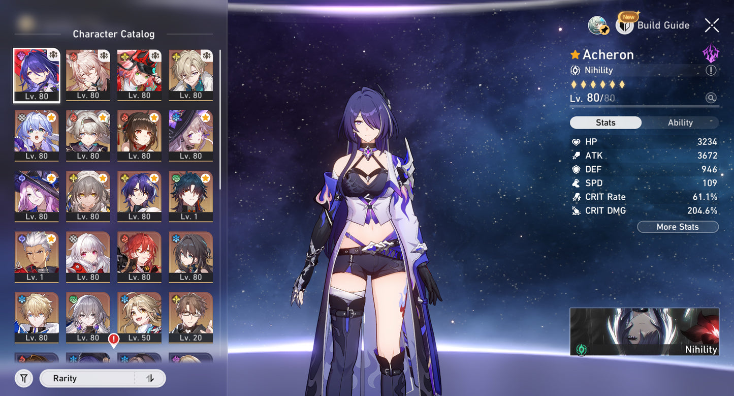 [Nivel 70] Acheron E2 + Cono + The Herta E1 + Cono + Firefly + Cono + Rappa + Cono + Lingsha + Aventurine  + Jiaoqiu + Jade + Ruan Mei + Blade + Archer + Dr Ratio + Bronya E2 + Gepard + Clara E2 + Himeko + Welt E1