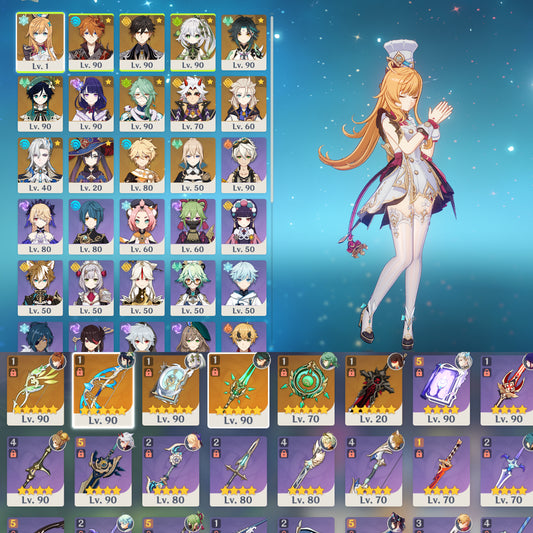 [Nivel 57]⭐️ escoffier, venti + arma5⭐️, tartaglia, neuvillete, raiden shogun, itto, albedo, baizhu + arma5⭐️, xiao + arma5⭐️, nahida, zhongli, jean, mona + 3 armas 5⭐️ adicionales