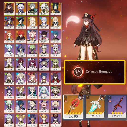 [Nivel 51] Hu Tao C1 + Homa, Alhaitham, Nahida, Venti, Ayato, Mona, Diluc,Tighnari, Aloy, Jean, Qiqi