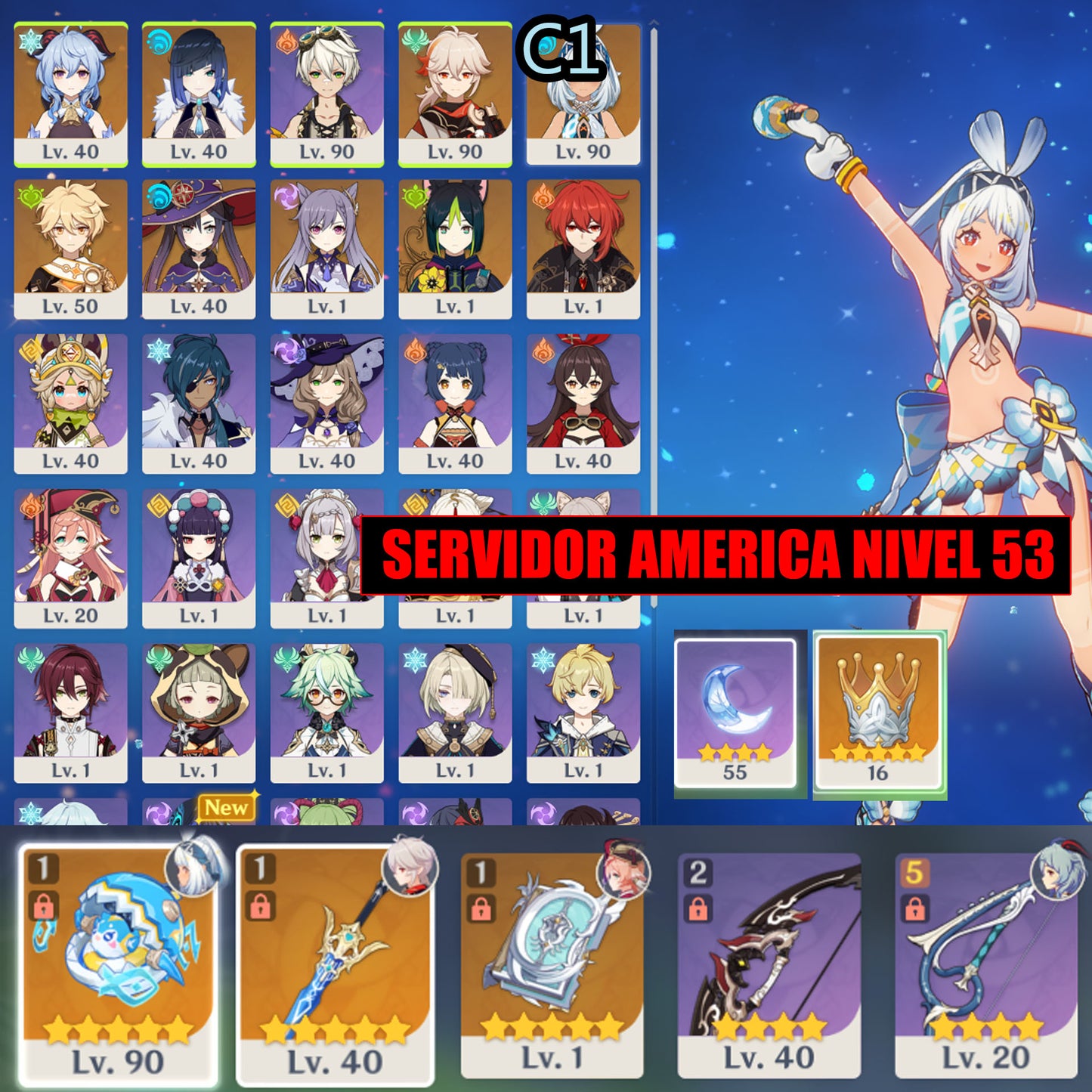 Nivel 53 ✨Mualani C1 + Hora de Surfear ✨ , Kazuha +Juramento por la libertad✨, Yelan , Ganyu , Mona , Keqing , Tighnari , Diluc
