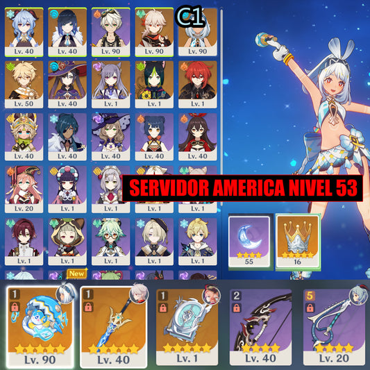 Nivel 53 ✨Mualani C1 + Hora de Surfear ✨ , Kazuha +Juramento por la libertad✨, Yelan , Ganyu , Mona , Keqing , Tighnari , Diluc