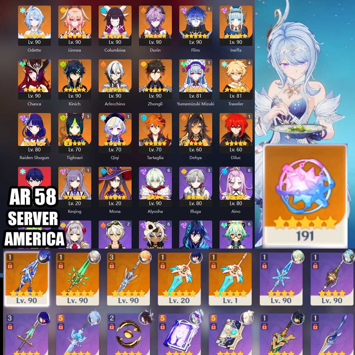NA AR58|+191 Deseos+ Odette Linnea Columbina Durin Flins C1 Bloodsoaked Ruins Ineffa Kinich Arlecchino Zhongli Chasca Tartaglia Raiden Shogun Mona Keqing C1 Tighnari C1 Qiqi C1 Dehya