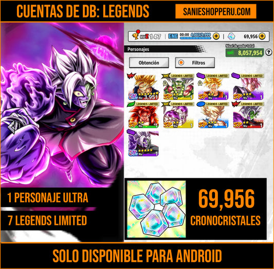 [Android] 69,956 Cronocristales 💎|  ⭐️ Mitad Corrupto Zamasu fusionado [ULTRA] | ⭐️ 7 Legends Limited | Dragon Ball: Legends Cuenta Reroll