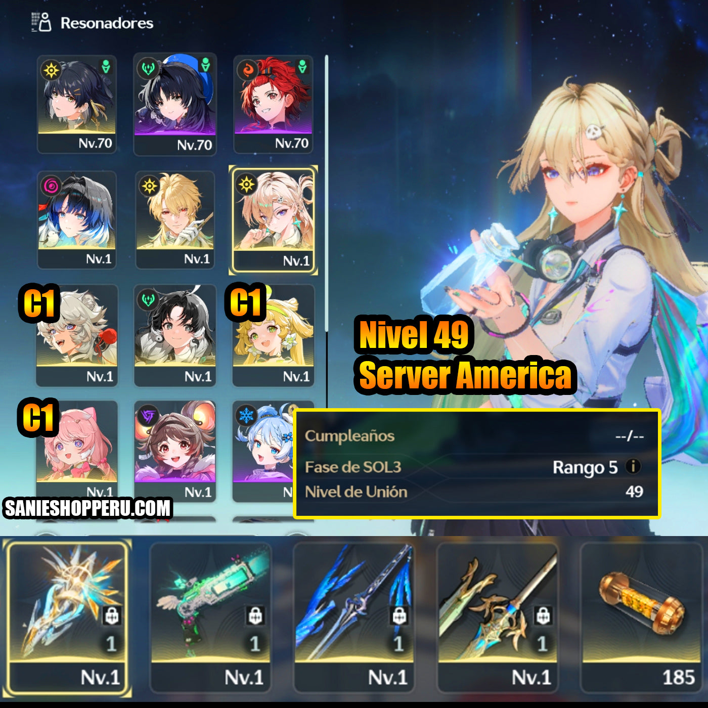AMERICA |Lvl 49| Lynae + Arma 5⭐️| Yangyang Xuanling + Arma 5⭐️| Luuk Herssen + Arma 5⭐️| Verina C1 + Encore C1 + Lingyang C1|Cumpleaños libre|Wuthering Waves CUENTA REROLL