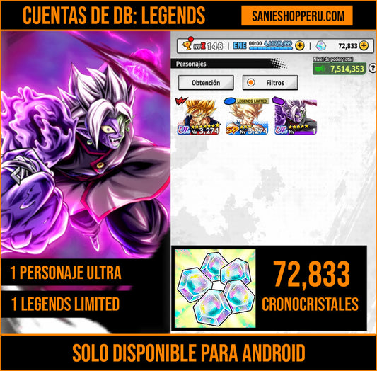 [Android] 72,833 Cronocristales 💎|  ⭐️ Mitad Corrupto Zamasu fusionado [ULTRA] | ⭐️ 1 Legends Limited | Dragon Ball: Legends Cuenta Reroll