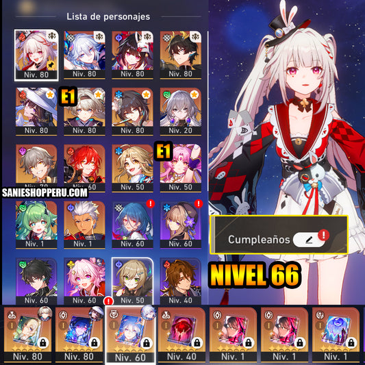 NA[Lvl 66 + Cumpleaños Libre] Luciérnaga E1 + Cono , Yao Guang + Cono + Chispa + Cono , La Dalia + Cono , Sparkle + Ruan Mei + Archer + Huohuo + Fu Xuan E1 + Bronya