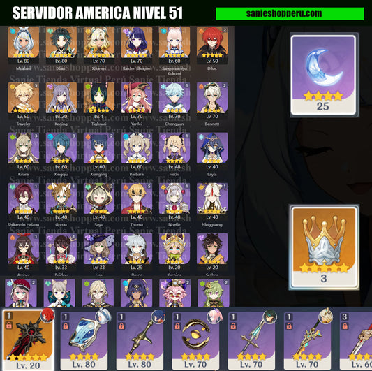 [AR 51] Mualani , Xiao , Xilonen , Kokomi , Raiden Shogun , Diluc C2 + Arma 🗡️ , Keqing , Tighnari