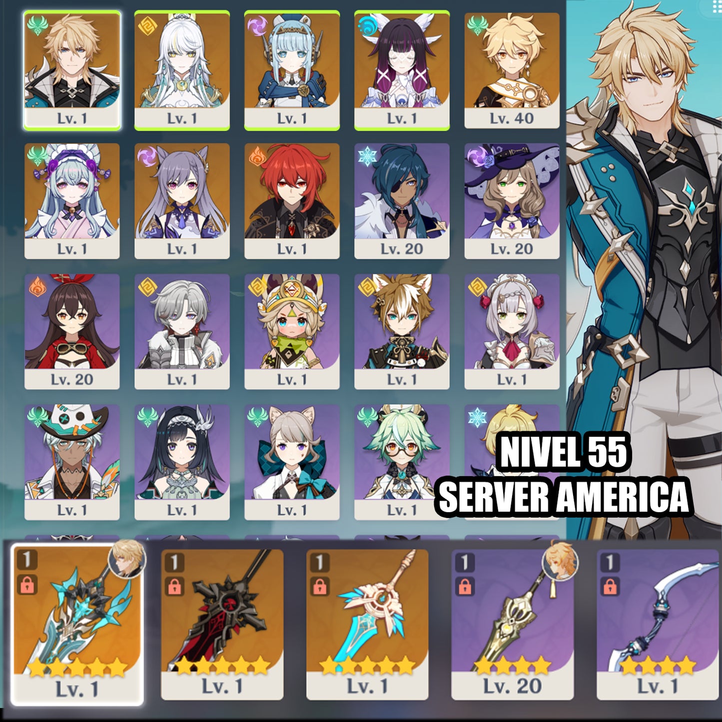 (REROLL + CUMPLEAÑOS LIBRE) Nivel 55 + Varka +Arma ✨+ Zibai + Ineffa + Columbina + Mizuki + Keqing + Diluc