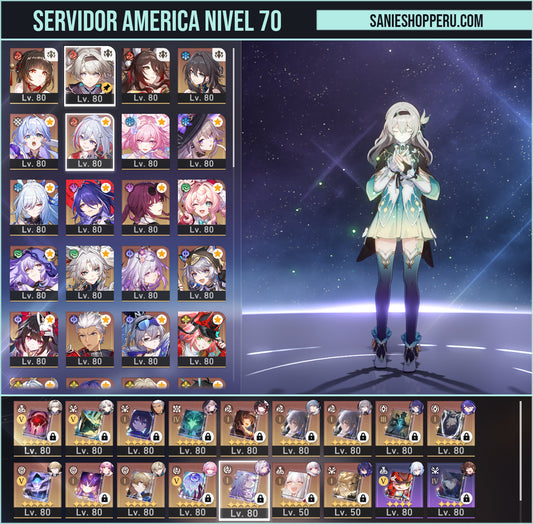 TL 70 SERVER AMERICA⭐️Seele + Cono + Sparkle + Cono + Acheron + Cono + Fu Xuan + Cono + Castorice + Cono + Ling Sha + Firefly + Fugue + Ruan Mei + Robin + Topaz + Cyrene + The Herta + JinglIu + Kafka + Hyacine + Black Swan y más