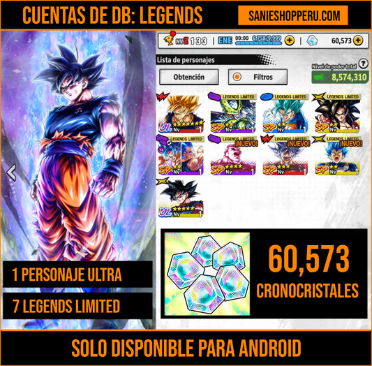 [Android] 60,573 Cronocristales 💎|  ⭐️ Pre-ultrainstinto Goku | ⭐️ 7 Legends Limited | Dragon Ball: Legends Cuenta Reroll