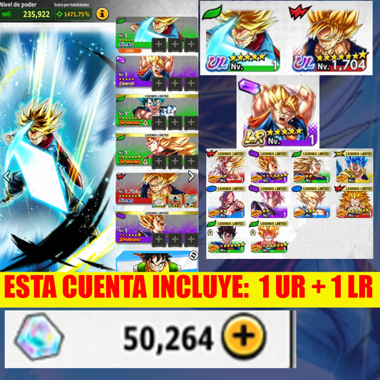 [ANDROID] 50,264 Cronocristales💎 [LEGENDS] Super Vegito + Ssj Trunk Joven ULTRA + 10 LL | DRAGON BALL Legends Cuenta