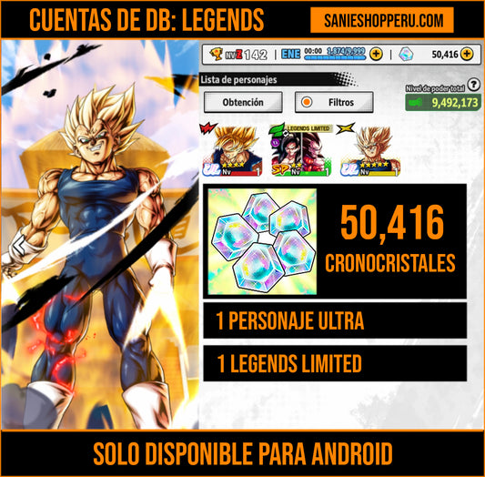 [Android] 50,416  Cronocristales 💎|  ⭐️ Majin Vegeta [ULTRA] | ⭐️ 1 Legends Limited | Dragon Ball: Legends Cuenta Reroll