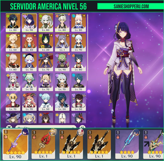 [Nivel 56] | Kinich C1 , Raiden Shogun + Arma 5⭐ (Luz del Segador) , Nahida , Kokomi , Kazuha , Ayaka , Qiqi C1, Mona , Tighnari , Aloy , Keqing C1| Genshin Impact Cuenta