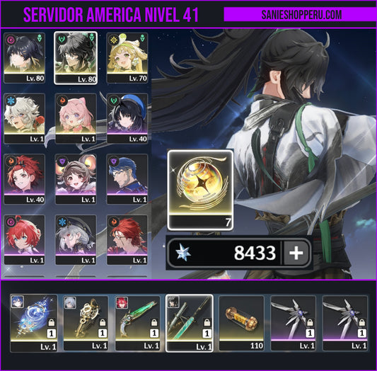 Nivel 41 | 💎8433 Astritas + 7 Deseos💎 + Iuno + Arma + Ciaccona + Arma + Qiuyan + Arma + Zani + Arma | Cuenta Reroll Wuthering Waves