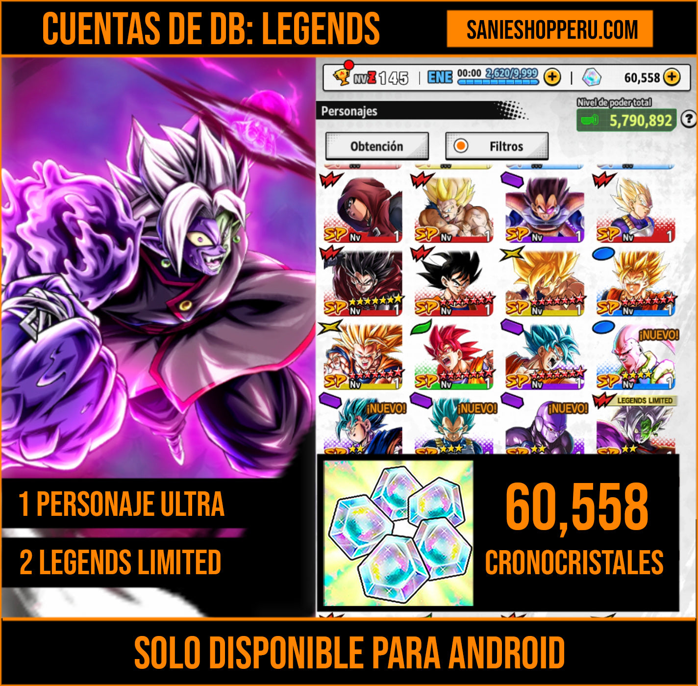 [Android] 💎 60,558 Cronocristales 💎| ⭐️ Zamasu fusionado [ULTRA] | Dragon Ball: Legends Cuenta Reroll