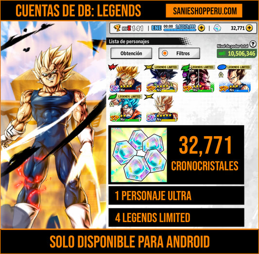 [Android] 32,771  Cronocristales 💎|  ⭐️ Majin Vegeta [ULTRA] | ⭐️ 4 Legends Limited | Dragon Ball: Legends Cuenta Reroll