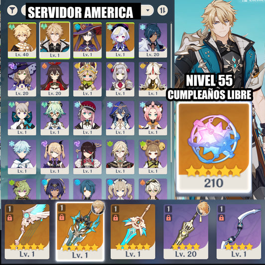 (REROLL + CUMPLEAÑOS LIBRE) Nivel 55 + Varka +Arma ✨+ 210 Destinos Entrelazados ✨