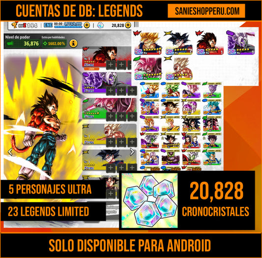 [Android] 20,828 Cronocristales 💎|5 ULTRAS⭐️Supersaiyajin 4 Vegeta ULTRA + Zamasu fusionado ULTRA + Supersaiyajin Goku ULTRA + Supersaiyajin rosa Goku ULTRA 1 estrella roja + Pre Ult Goku ULTRA + 23 LL