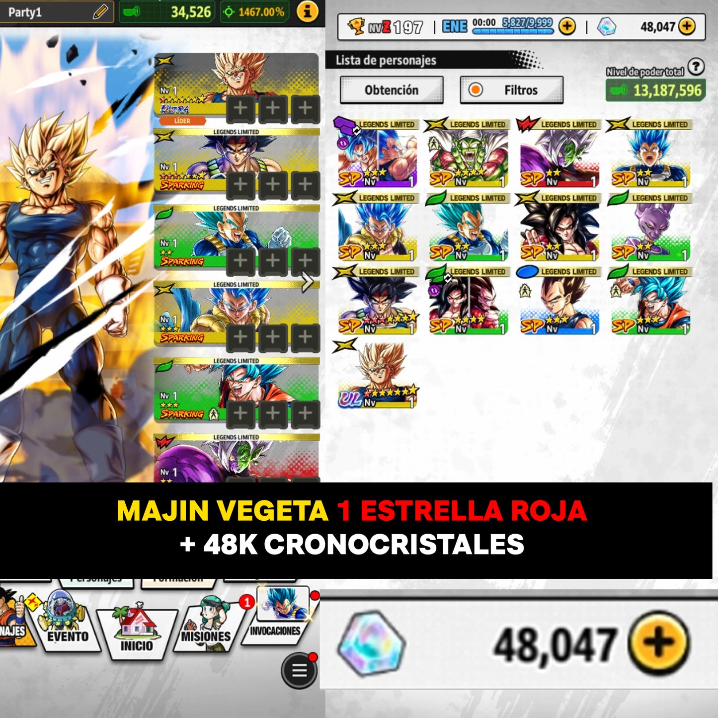 [Android] ⭐️ 48,000 Cronocristales 💎, Majin VEGETA 1 ESTRELLA ROJA + 12 Legends Limited  | DRAGON BALL LEGENDS cuenta reroll