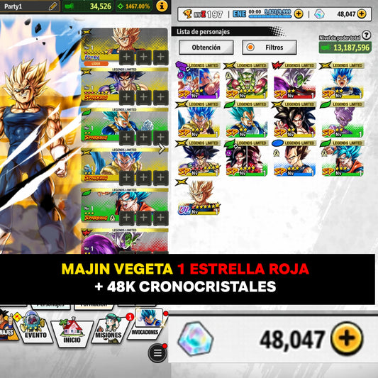 [Android] ⭐️ 48,000 Cronocristales 💎, Majin VEGETA 1 ESTRELLA ROJA + 12 Legends Limited  | DRAGON BALL LEGENDS cuenta reroll