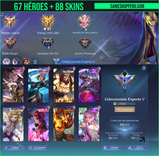 Mobile Legends| 67 HÉROES + 88 SKINS | LUCKYBOX: Alice⭐, Eudora⭐, COLLECTOR Natalia + 6 EPIC⭐VALENTINE CLAUDE , SABER +3
