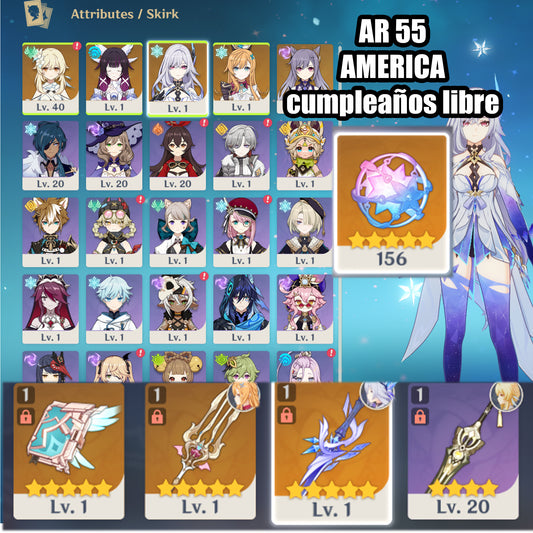 (REROLL + CUMPLEAÑOS LIBRE) Nivel 55 + Skirk + Arma , Escoffier + Arma , Columbina + 156 Destinos Entrelazados ✨