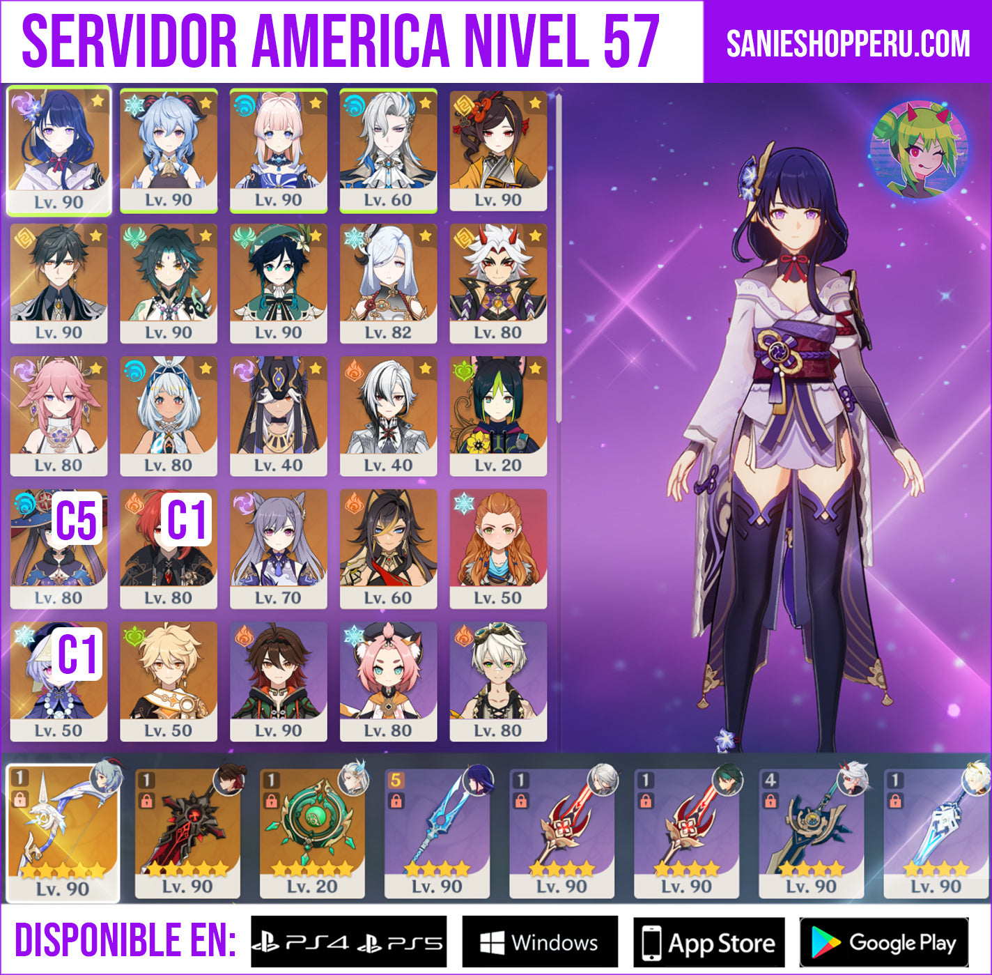 [AR 57] ⭐️Raiden Shogun + Ganyu + Kokomi + Neuvillette + Chiori + Zhong Li + Xiao + Venti + Shenhe + Itto + Yae Miko + Mualani + Cyno + Arlecchino + Mona 5 + Diluc C1 + Qiqi C1 + Keqing + Dehya + Aloy