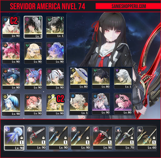 [Nivel 74] ✨ Cantarella + Arma + Carlotta C2 + Arma + Lupa + Arma + Brant + Arma + Chisan + Qiuyuan + Cartehyia +  Roccia + Camellya + The Shorekeeper + Changli + Phoebe + Verina C2 | Wuthering Waves Cuenta Avanzada