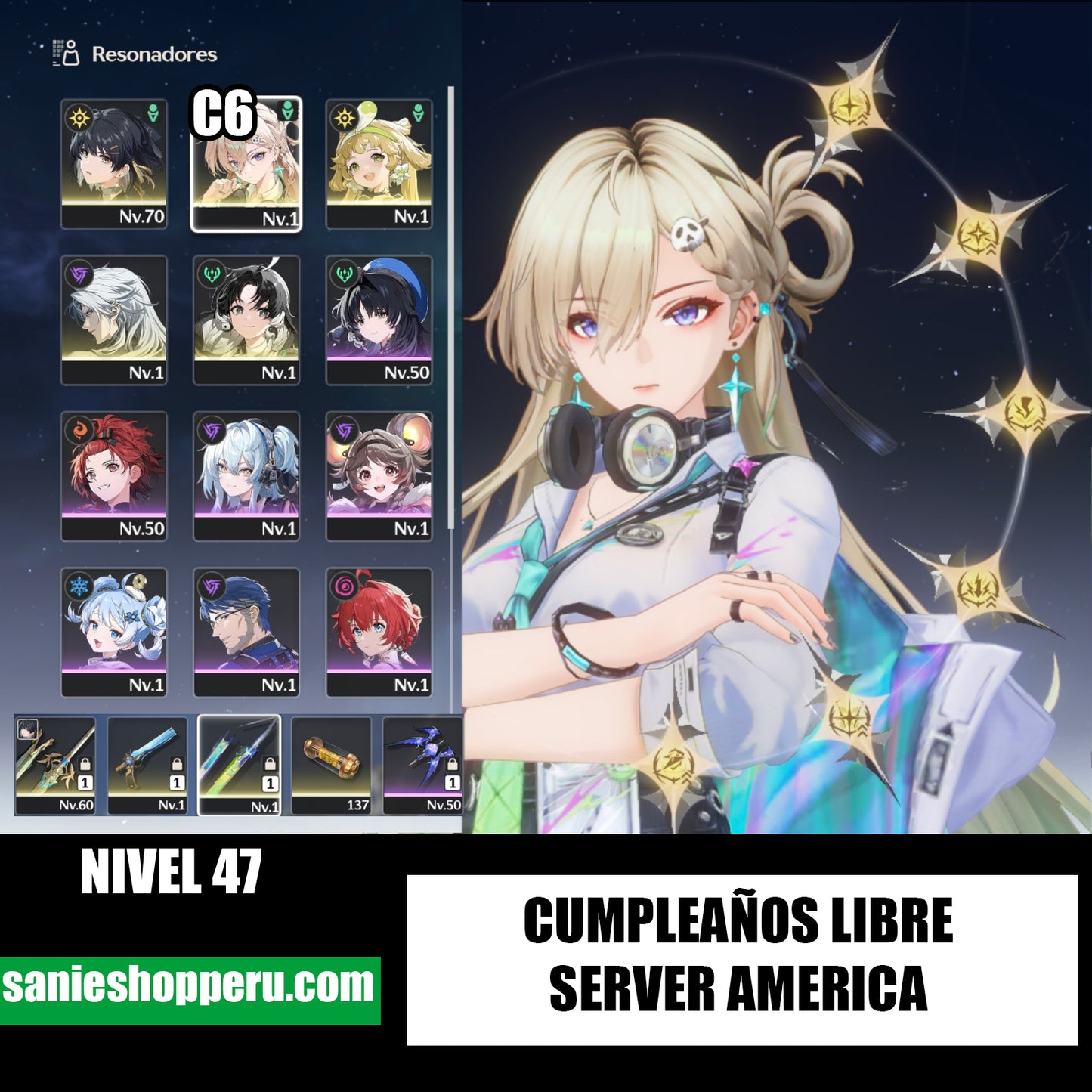 SERVER AMERICA + Lynae C6 + Verina + Jianxin + Calcharo - Wuthering Wave Reroll cuenta