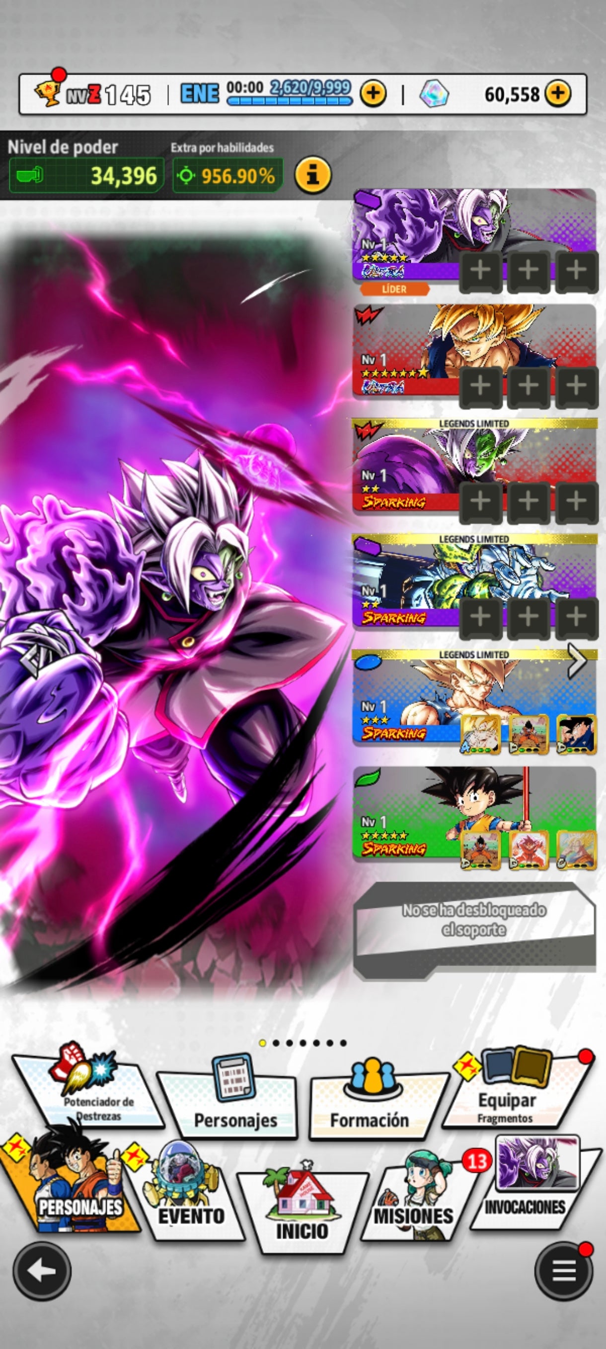 [Android] 💎 60,558 Cronocristales 💎| ⭐️ Zamasu fusionado [ULTRA] | Dragon Ball: Legends Cuenta Reroll