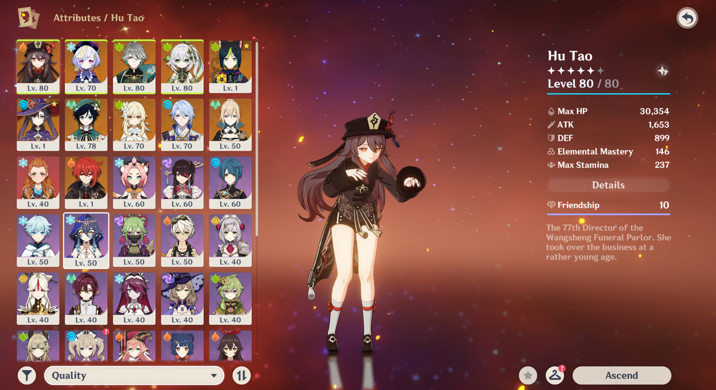 [Nivel 51] Hu Tao C1 + Homa, Alhaitham, Nahida, Venti, Ayato, Mona, Diluc,Tighnari, Aloy, Jean, Qiqi