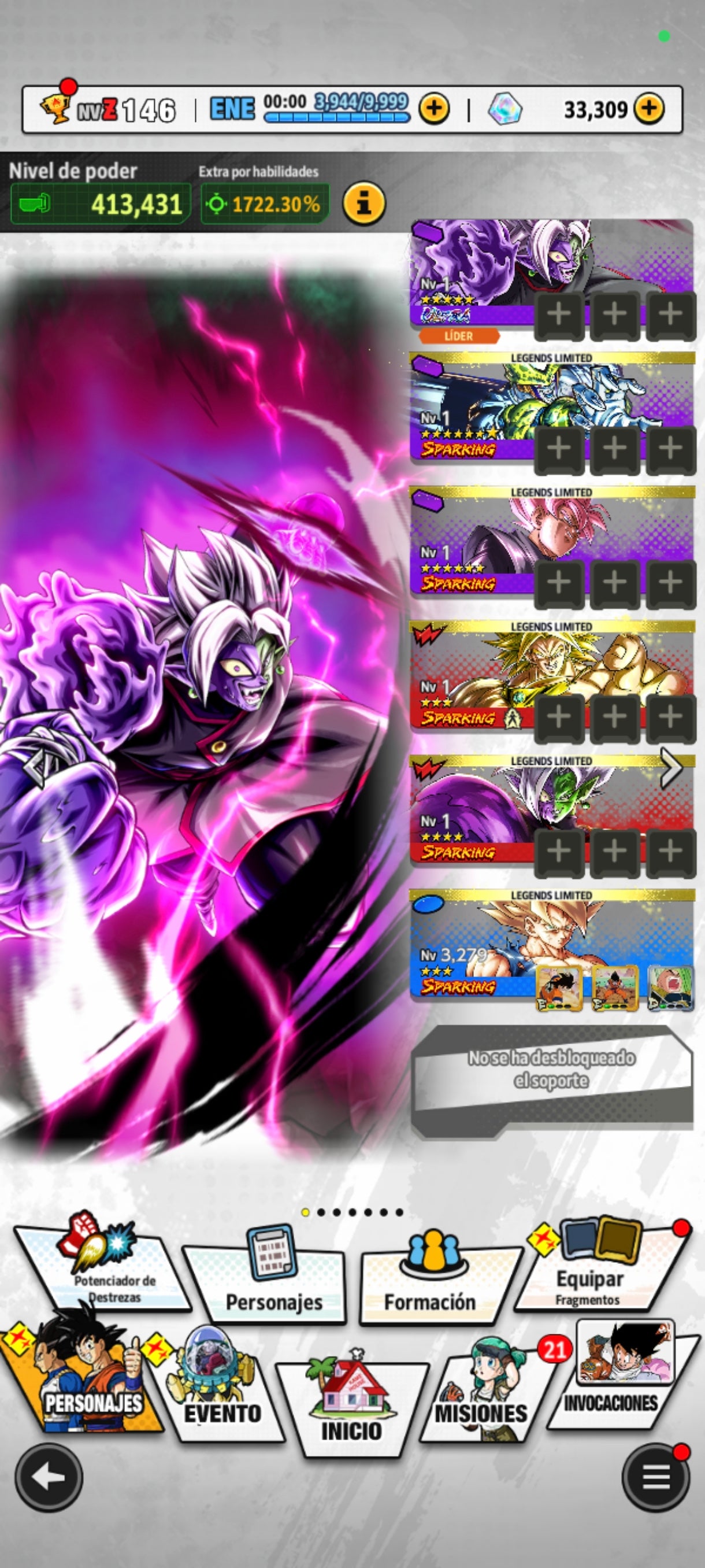 [Android] 33,309 Cronocristales 💎|  ⭐️ Mitad Corrupto Zamasu fusionado [ULTRA] | ⭐️ 5 Legends Limited | Dragon Ball: Legends Cuenta Reroll